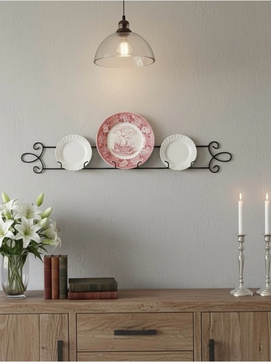 Item 59837: Augusta Horizontal Wall Plate Rack - 3 Plate  Black Metal Horizontal Plate Display Rack Three Plate 36”